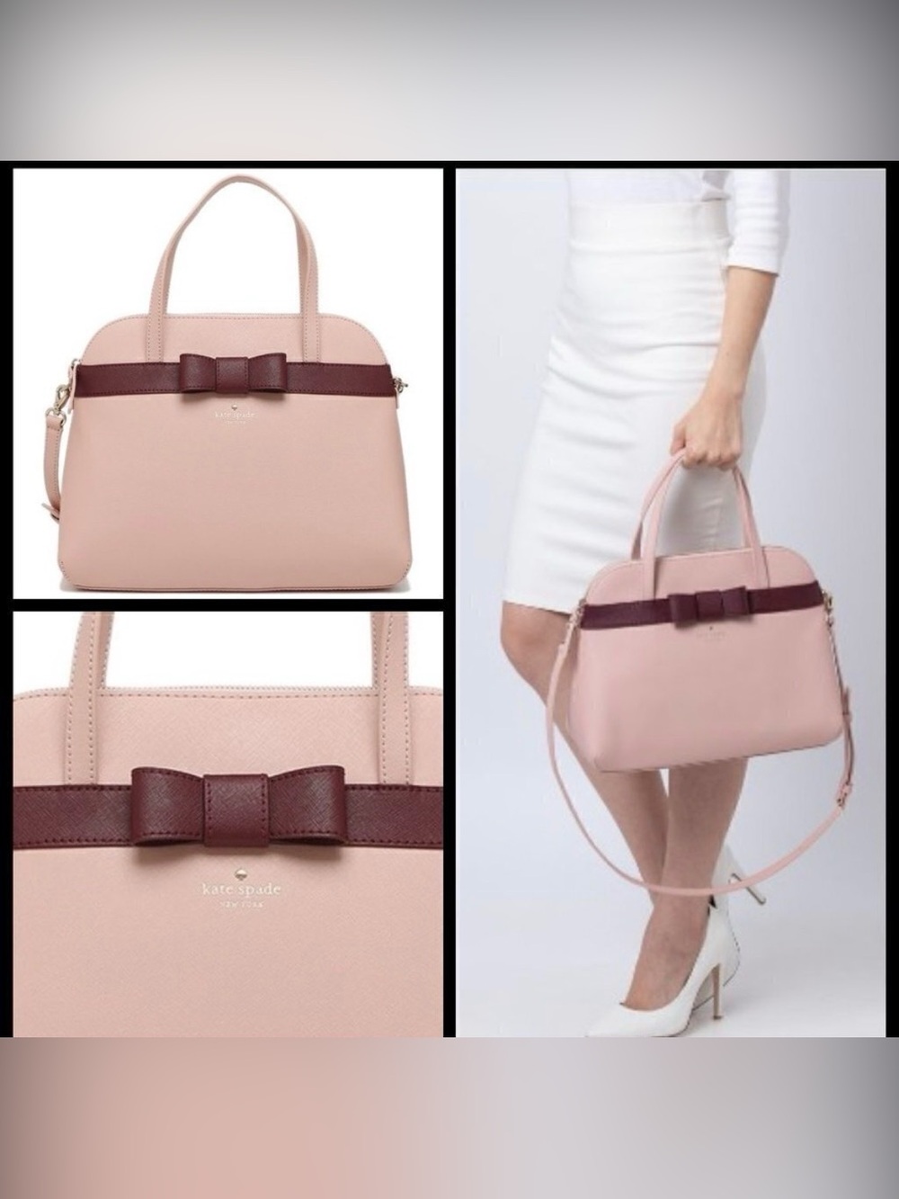 kate spade Pink Satchel with Burgundy Bow Trim